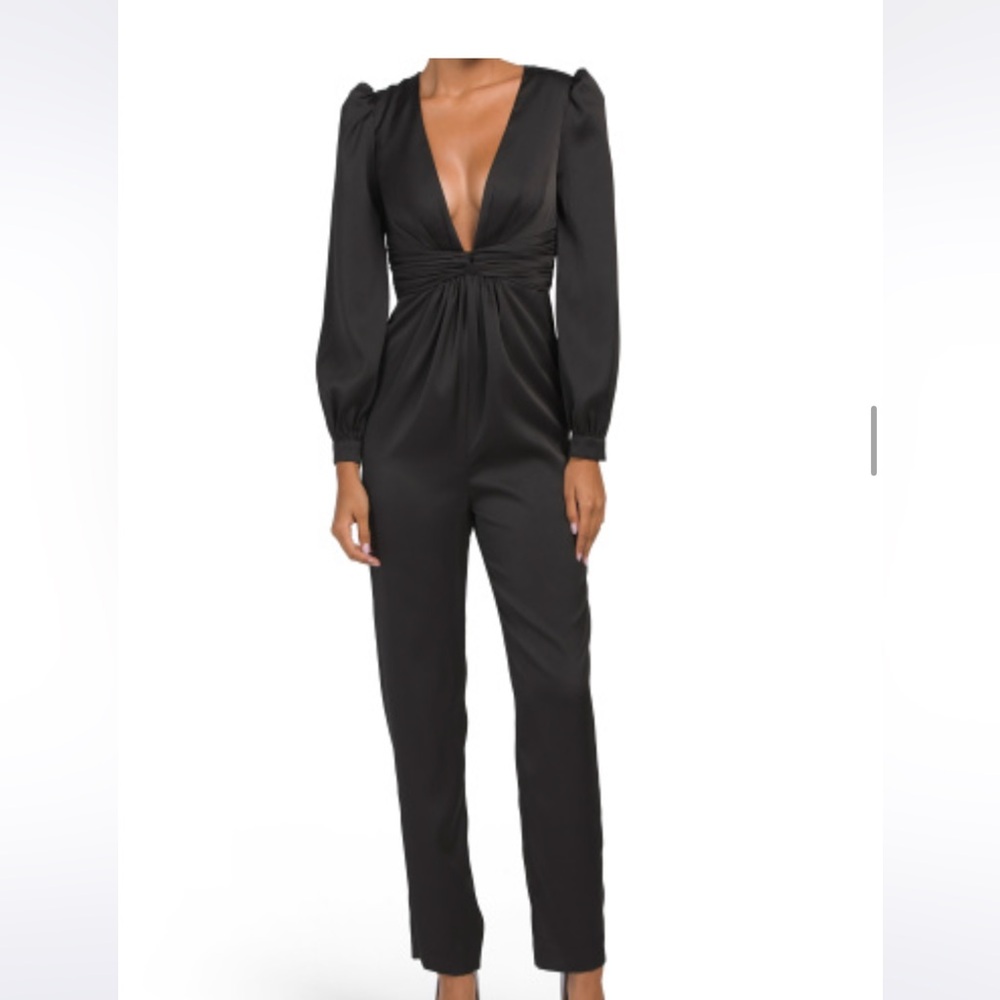 Ieena for Mac Duggal Long Sleeve Satin Ruched Plunging Neck Jumpsuit